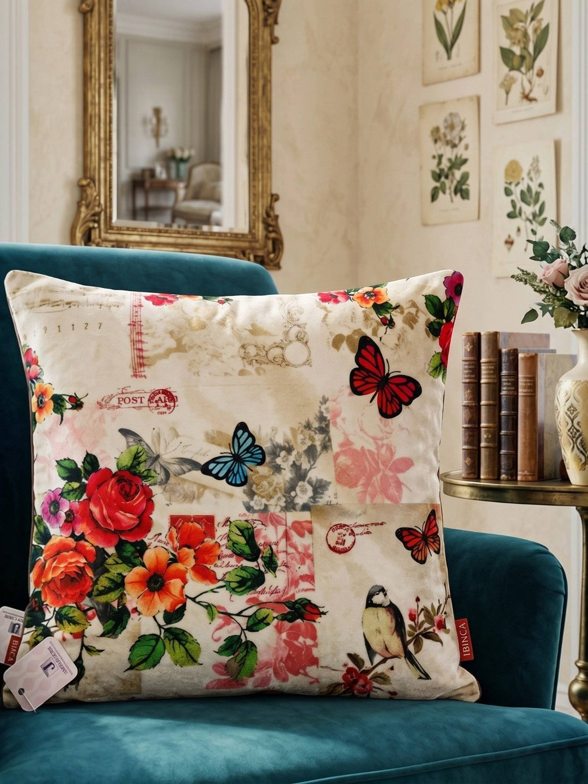 Multicolor velvet cushion cover with vintage floral, butterfly, and bird print