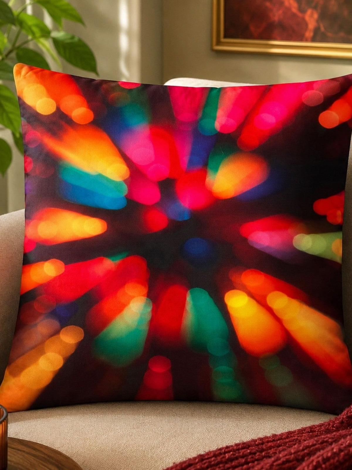 Multicolor cushion cover with abstract bokeh light burst print