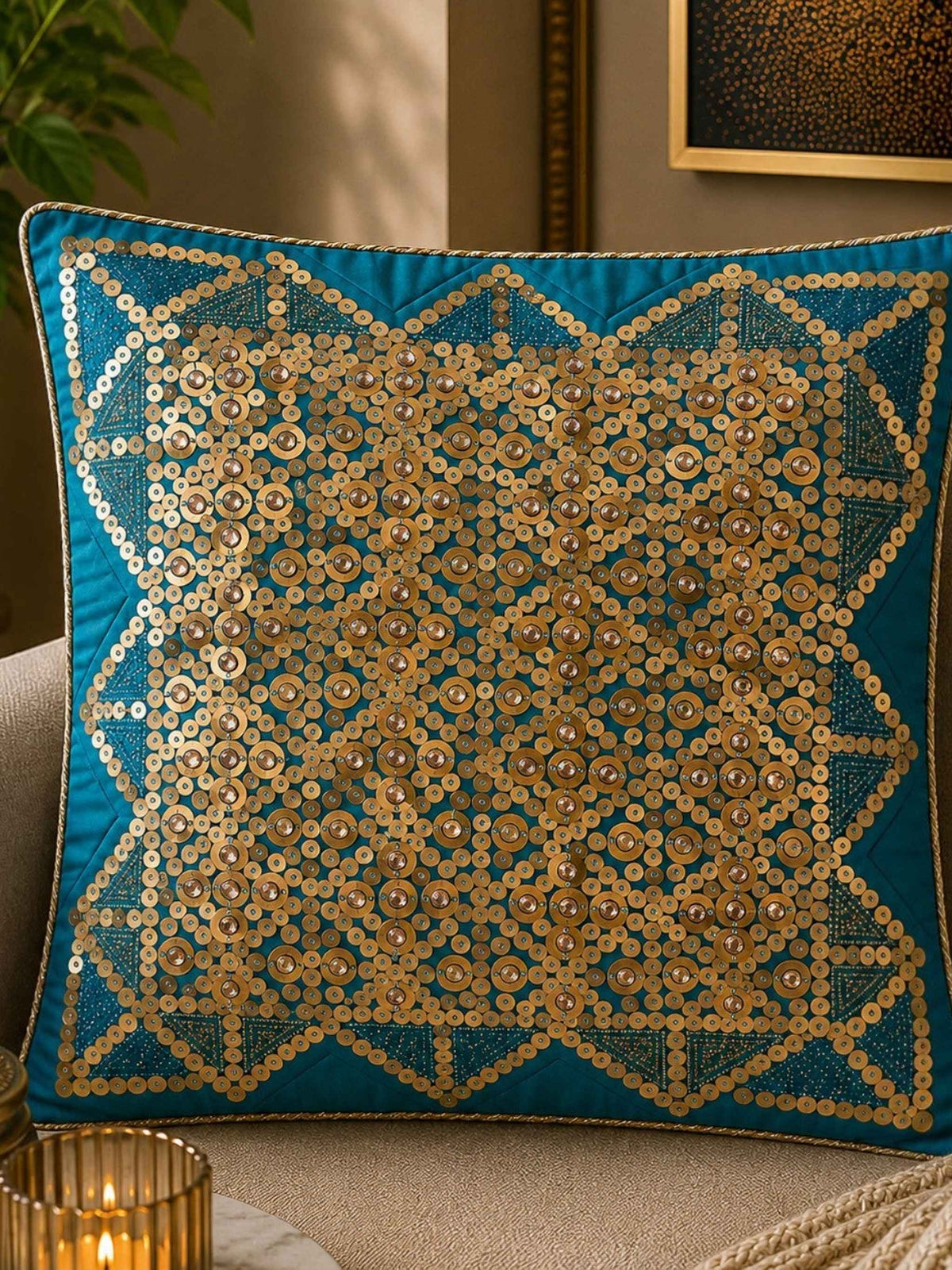 Jagdish Store teal decorative cushion cover with gold sequins and clear bead embellishments in a geometric pattern.