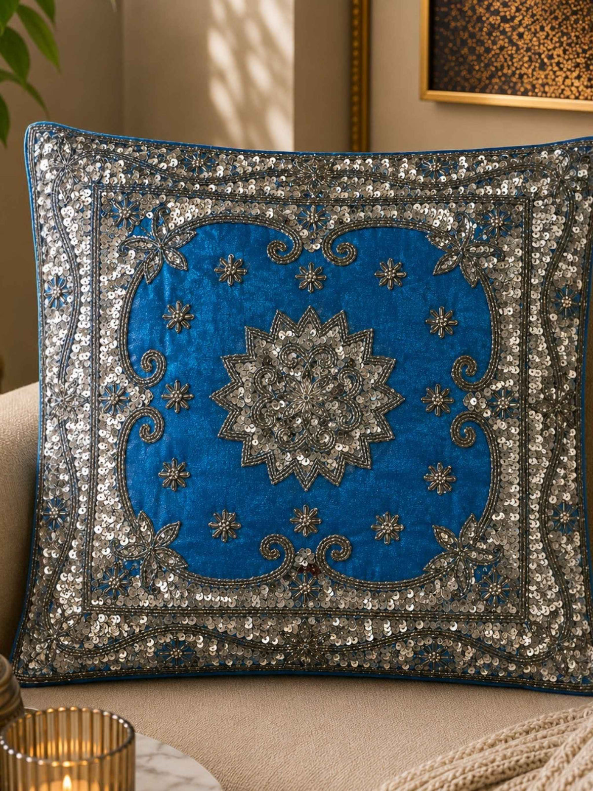 Jagdish Store blue cushion cover with intricate silver sequin and bead floral embroidery and border. Approx 16x16 inches.