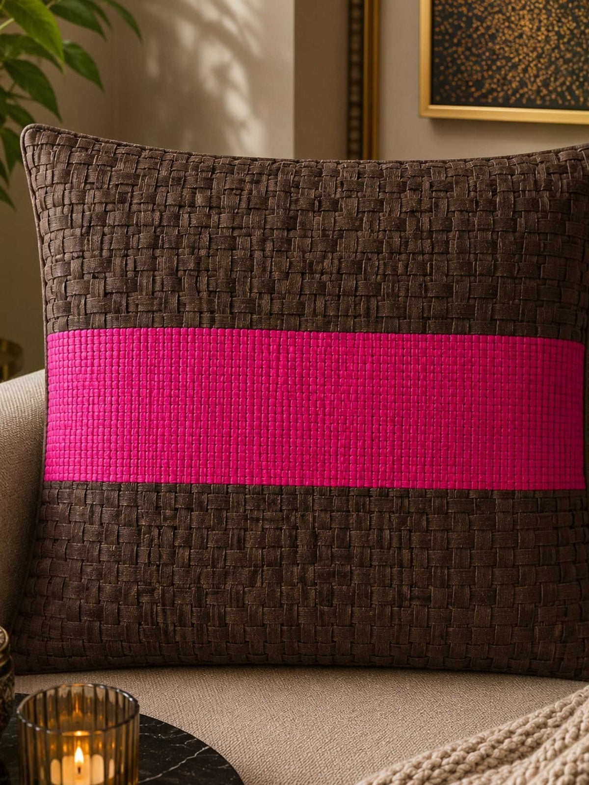 Jagdish Store decorative woven cushion cover in mocha brown with a hot pink stripe and intricate texture.