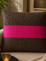 Jagdish Store decorative woven cushion cover in mocha brown with a hot pink stripe and intricate texture.