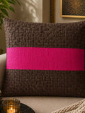 Jagdish Store decorative woven cushion cover in mocha brown with a hot pink stripe and intricate texture.