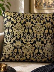 Jagdish Store decorative throw cushion cover with metallic gold damask pattern on black fabric. Back is black velvet.