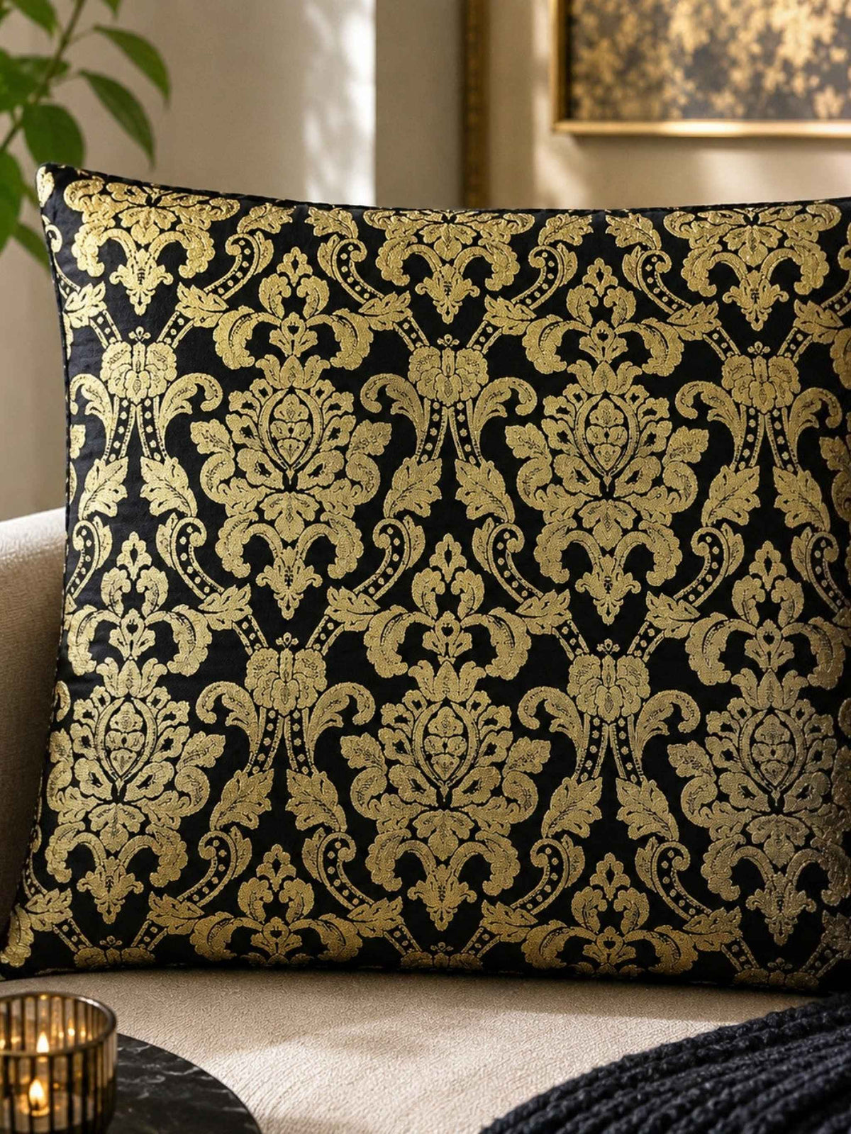 Jagdish Store decorative throw cushion cover with metallic gold damask pattern on black fabric. Back is black velvet.