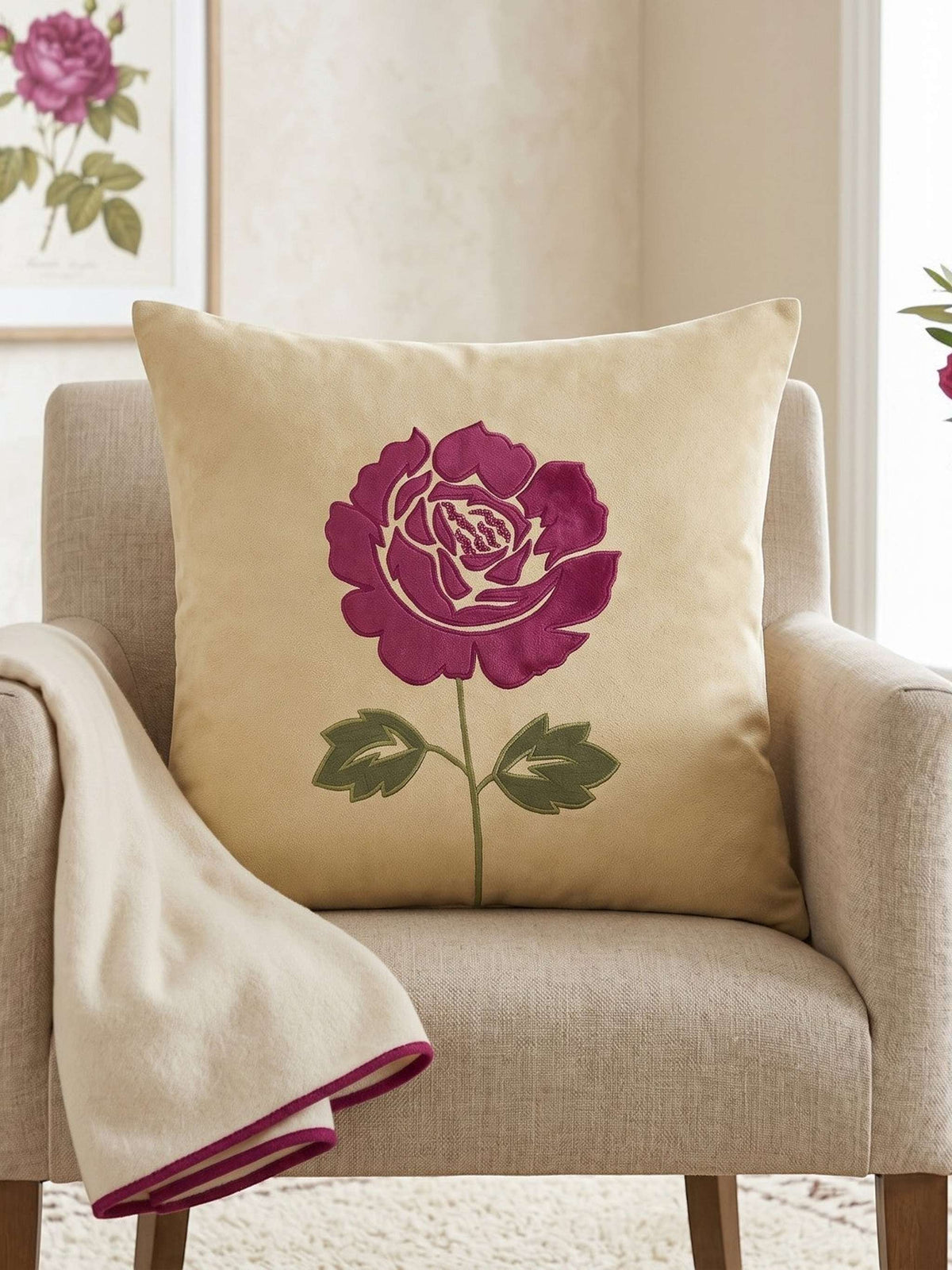 Jagdish Store cream plush decorative  cushion  cover with embroidered magenta rose and green leaves.