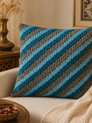 Jagdish Store decorative cushion cover with textured blue and gray stripes and smocked detail.