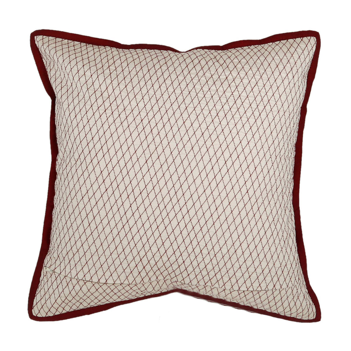 Ivory diamond quilted reverse with maroon piping on the sequin cushion cover