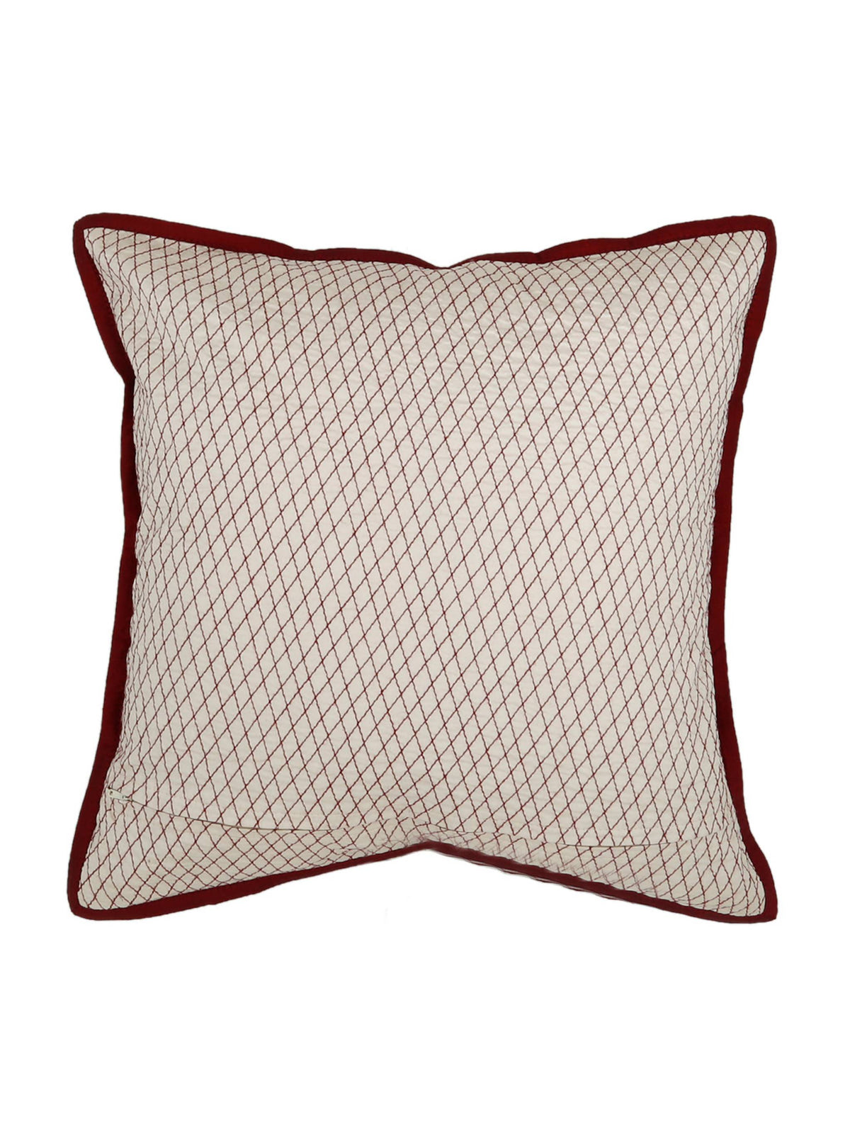 Ivory diamond quilted reverse with maroon piping on the sequin cushion cover