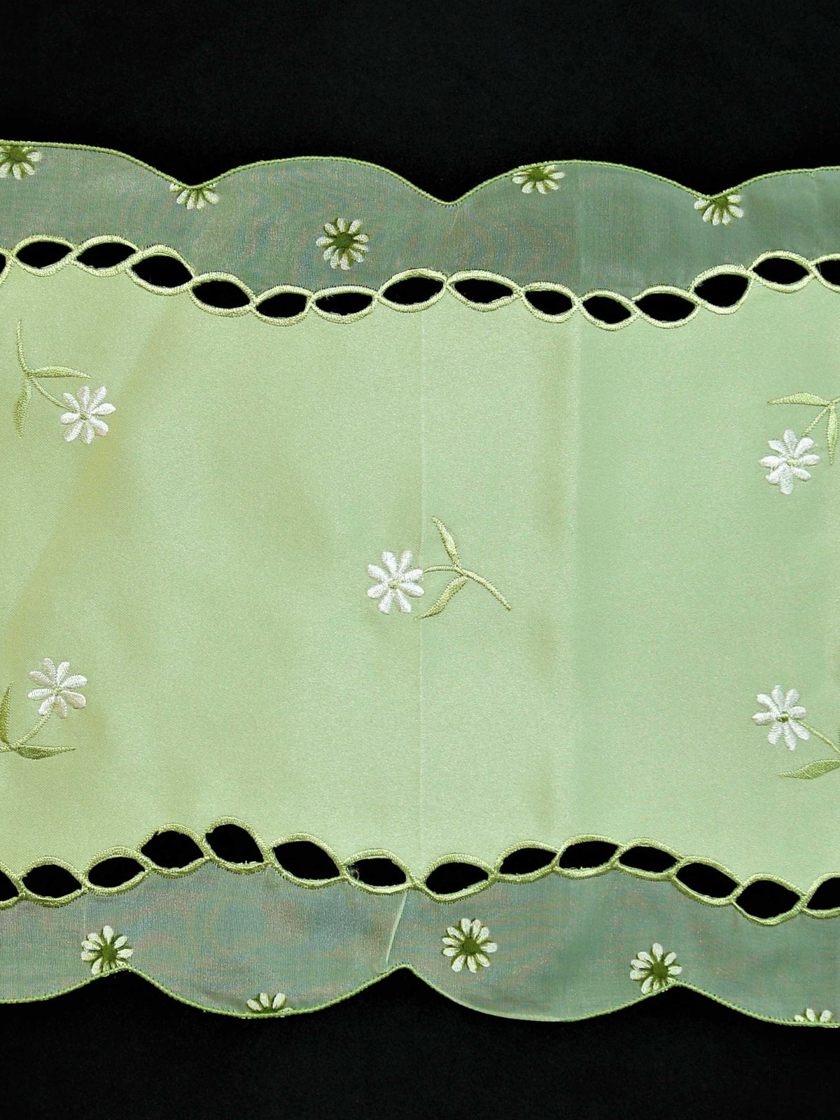 Green embroidered table mat close-up embroidery stitch detail