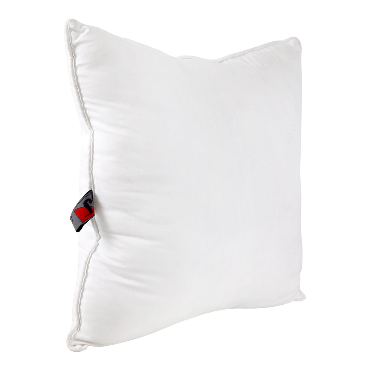 White polyfill cushion insert upright at an angle, corded seam and brand tag visible