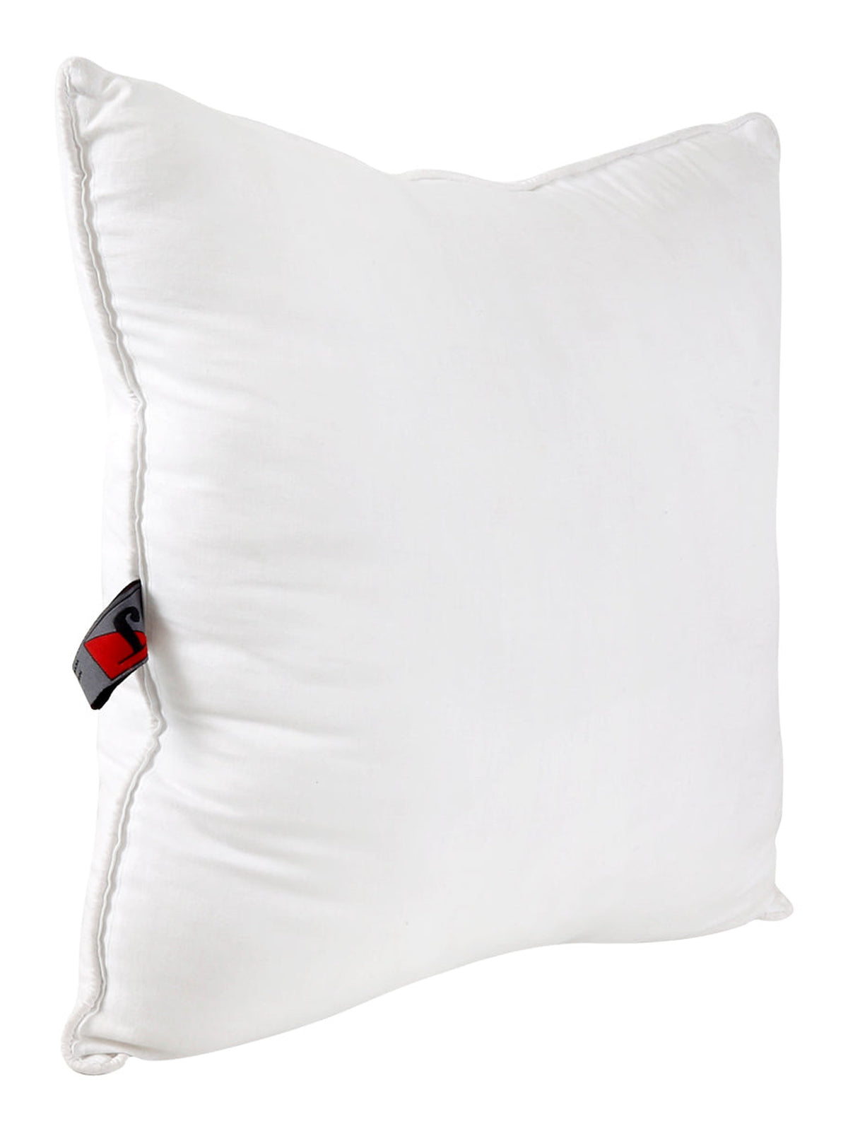 White polyfill cushion insert upright at an angle, corded seam and brand tag visible