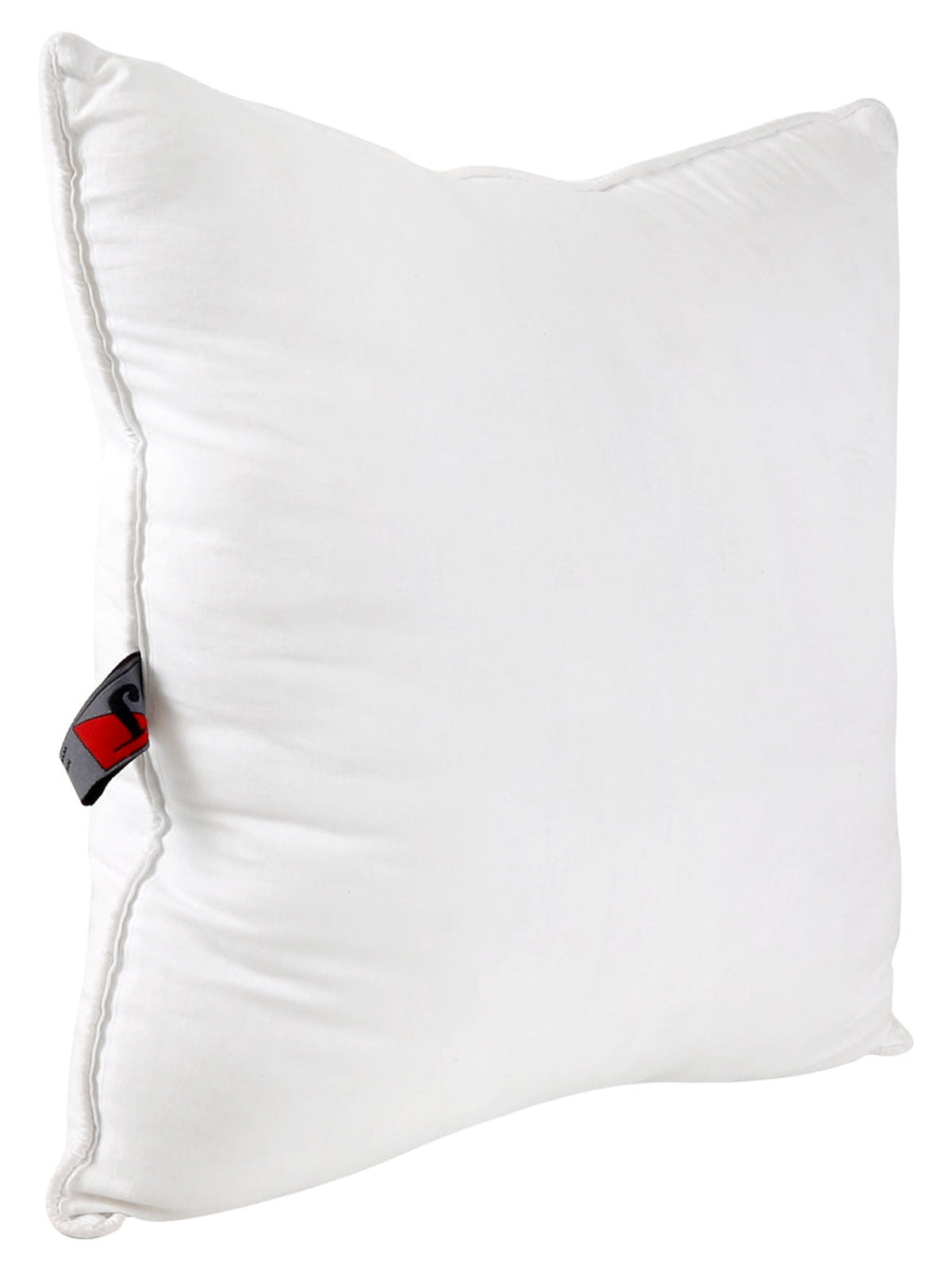 White polyfill cushion insert upright at an angle, corded seam and brand tag visible