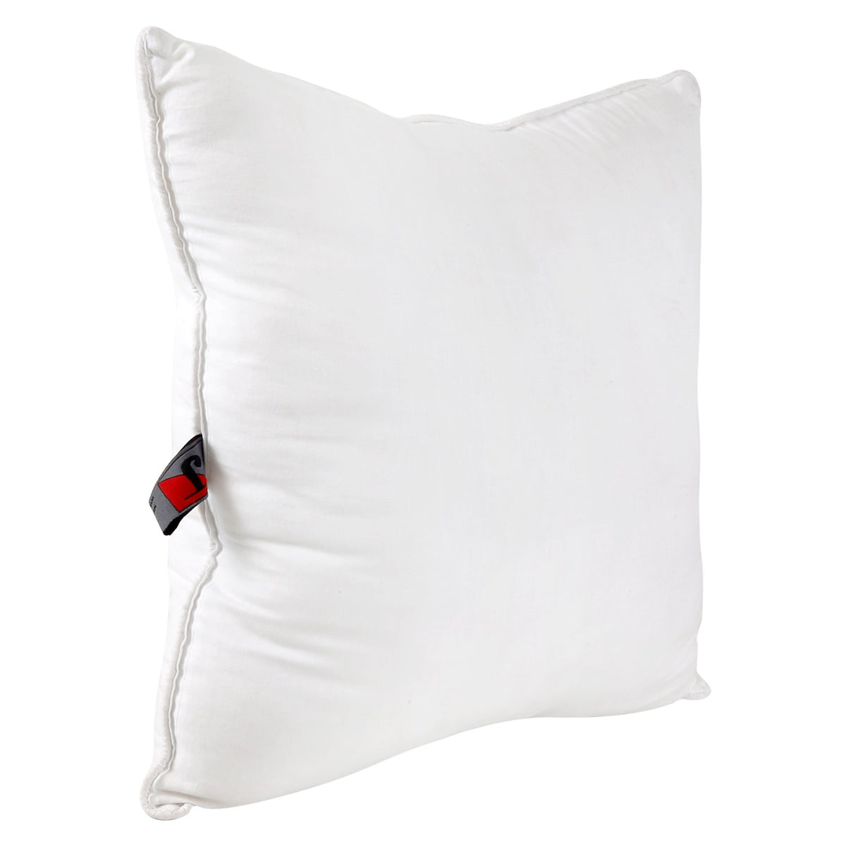 White polyfill cushion insert upright at an angle, corded seam and brand tag visible