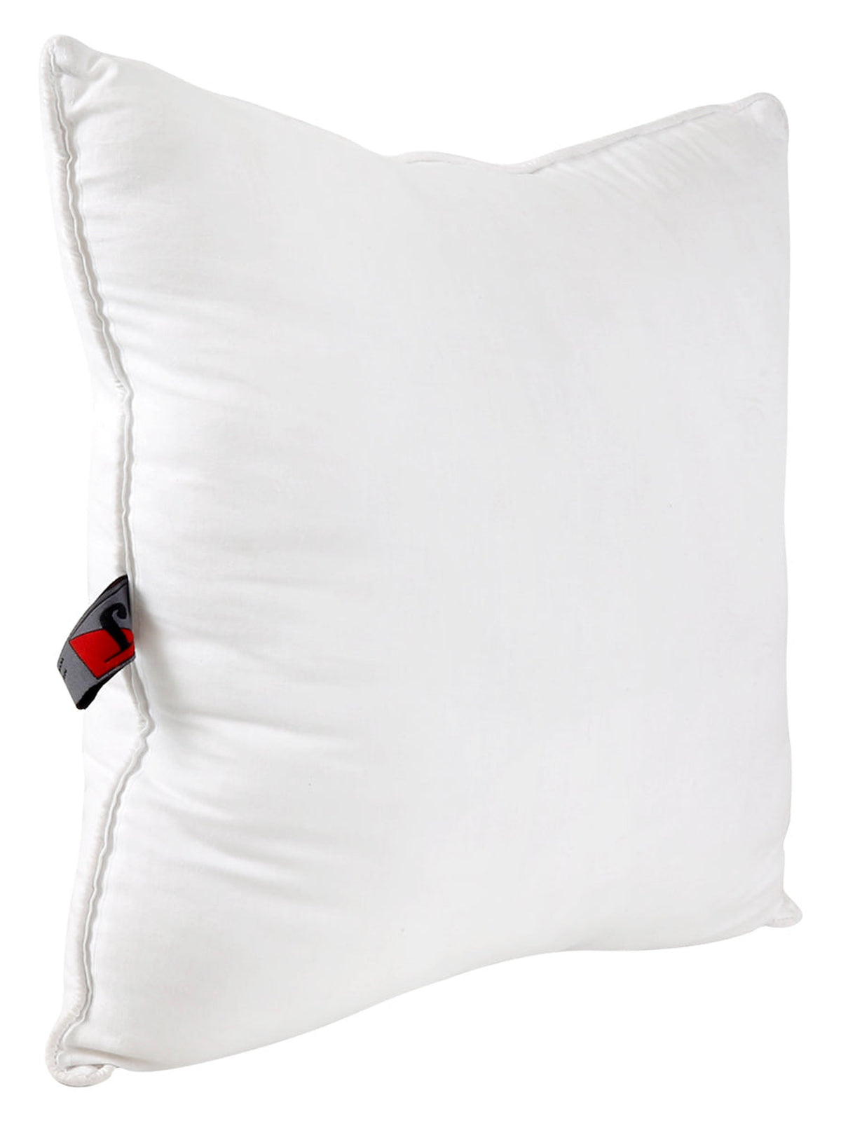 White polyfill cushion insert upright at an angle, corded seam and brand tag visible