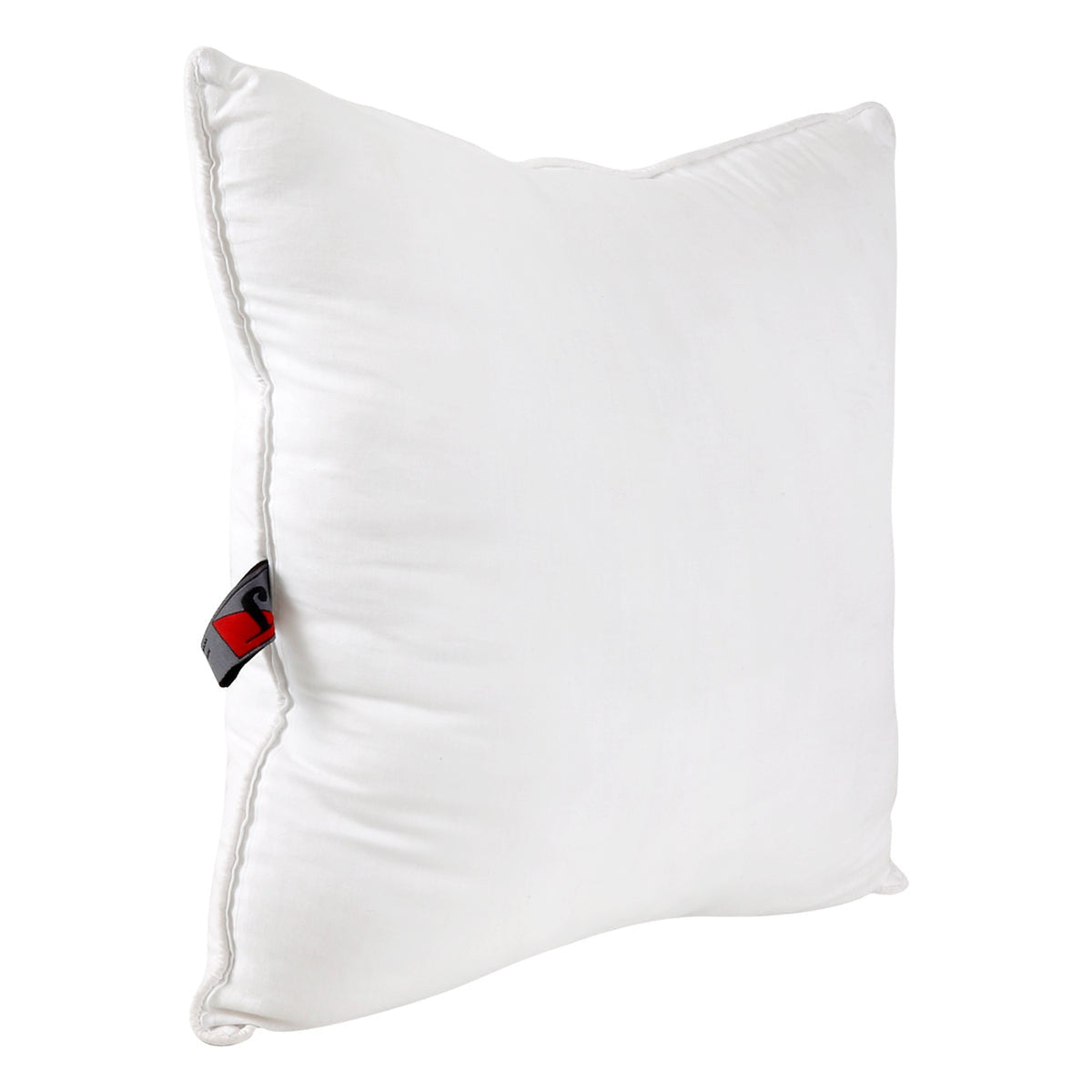 White polyfill cushion insert upright at an angle, corded seam and brand tag visible