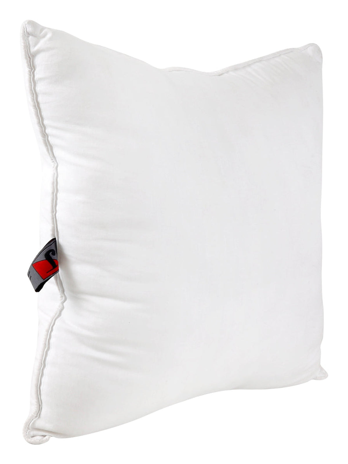White polyfill cushion insert upright at an angle, corded seam and brand tag visible