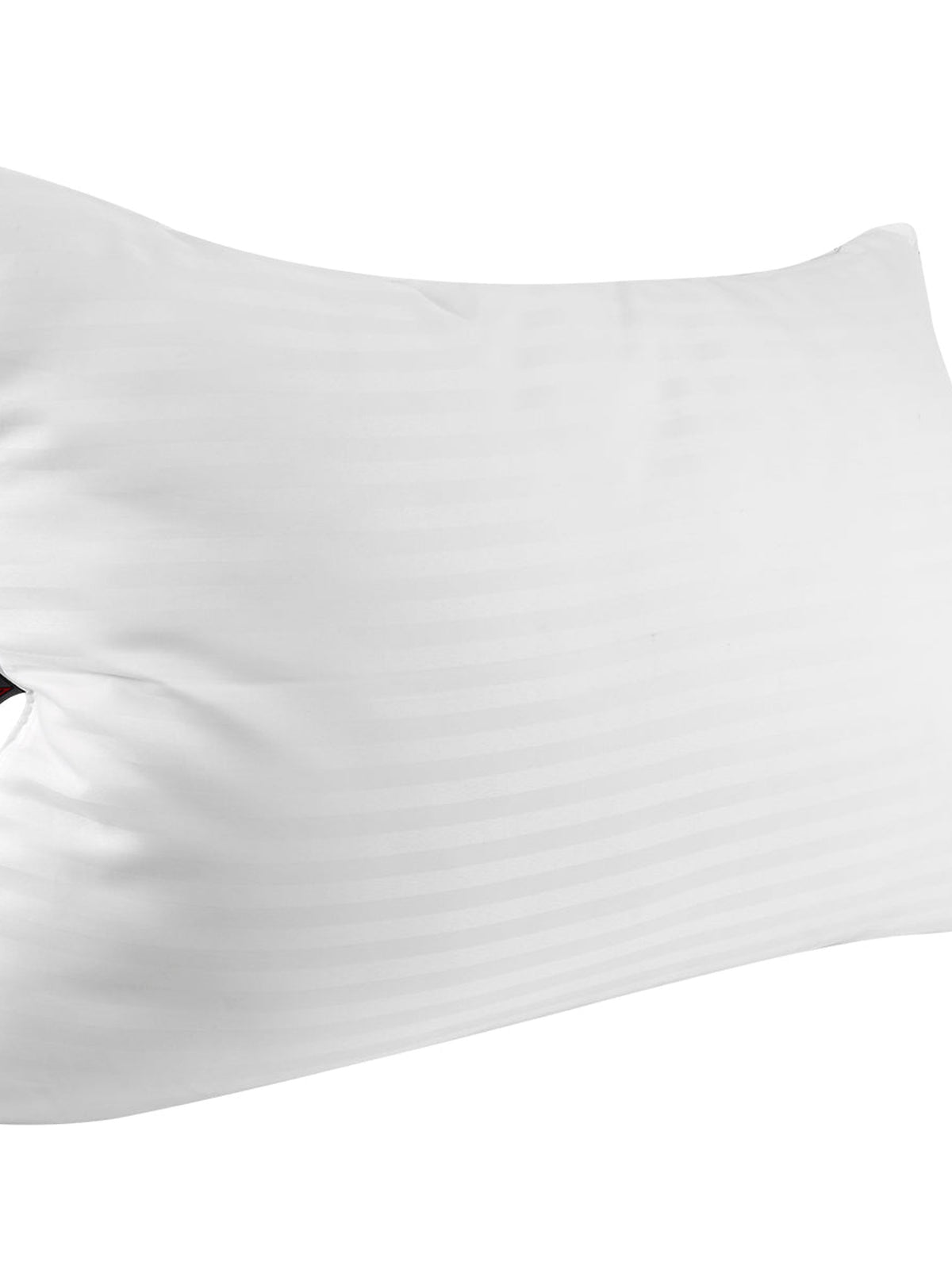 Close-up of the white satin stripe pillow insert showing its woven stripe