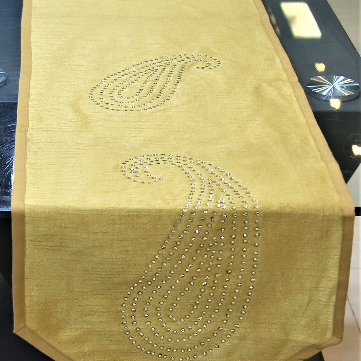 Sequence Work(14 X 72 Inch) Table Runner(Gold)-Dupion Silk - Jagdish Store Online Since 1965