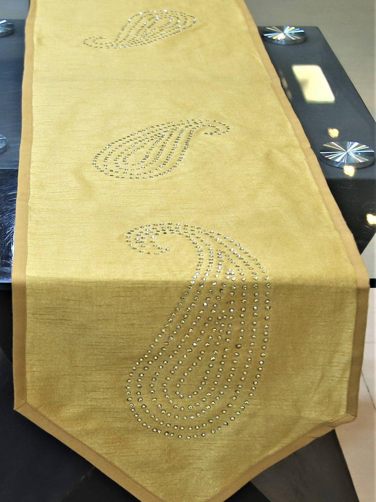 Gold Sequin Work Dupion Silk Table Runner 14 X 72 inch front view