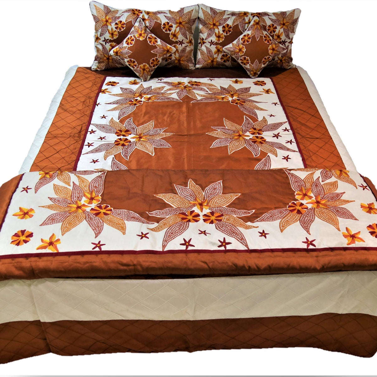 Rust brown wedding set showing the quilt, bedcover, pillow covers and cushion covers