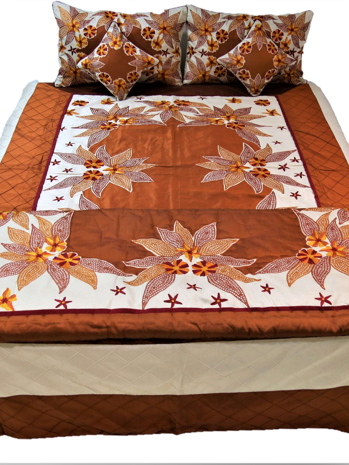 Rust brown wedding set showing the quilt, bedcover, pillow covers and cushion covers