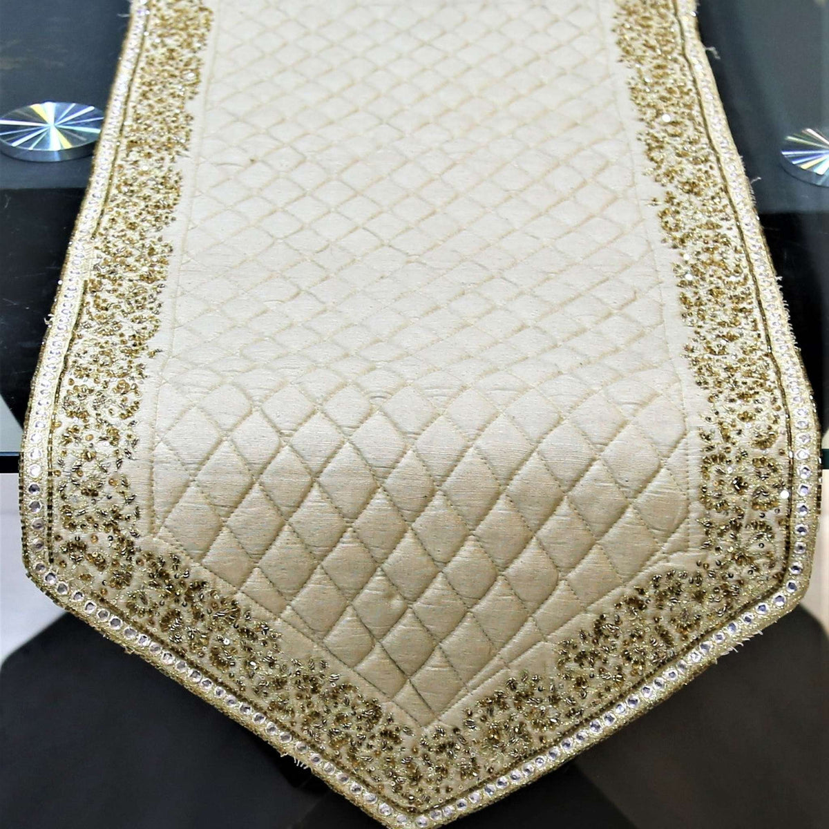 Zari Embroidery(14 X 60 Inch) Table Runner(Beige)-Dupion Silk - Jagdish Store Online Since 1965