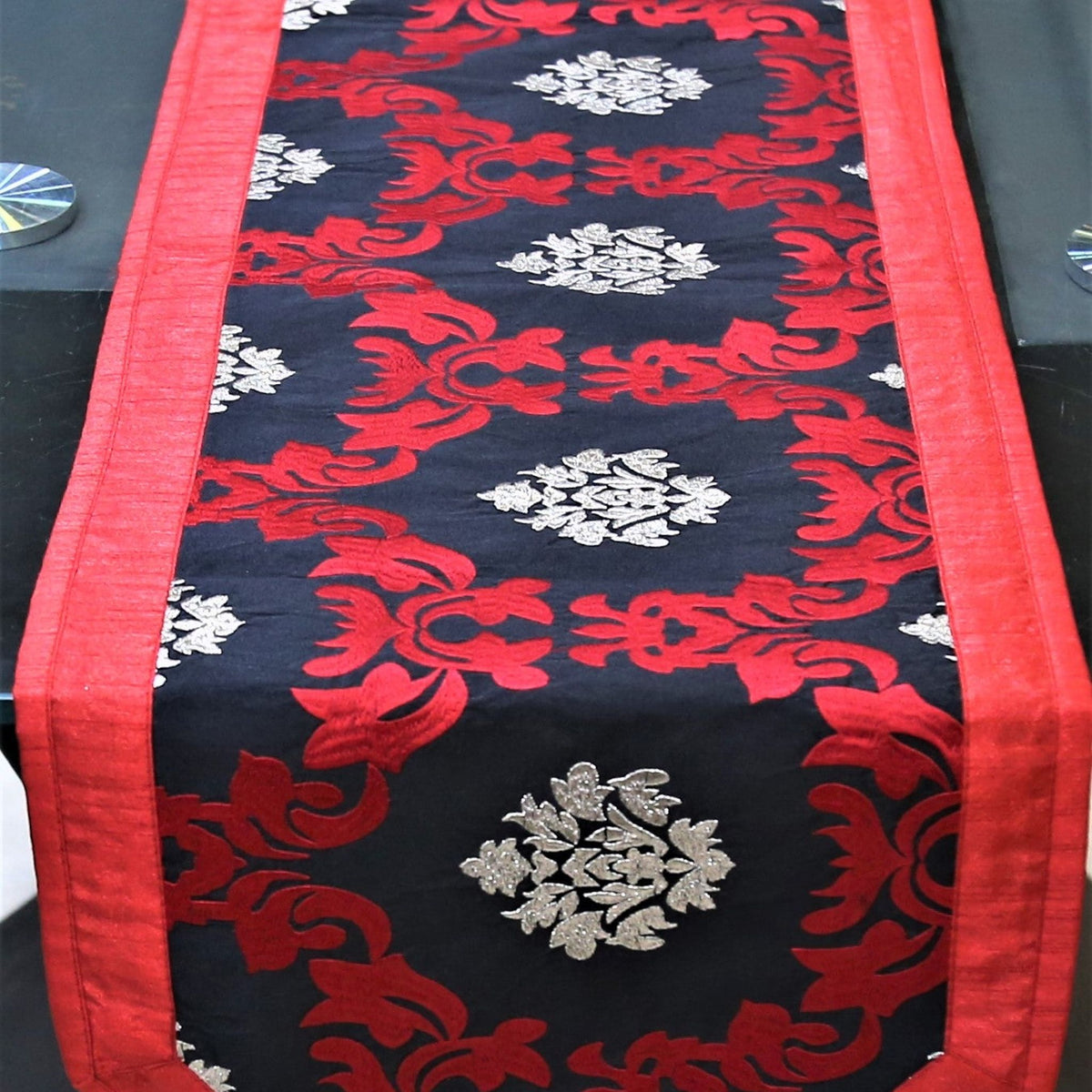 Embroidery(13 X 72 Inch) Table Runner(Red/Black)-Dupion Silk - Jagdish Store Online Since 1965