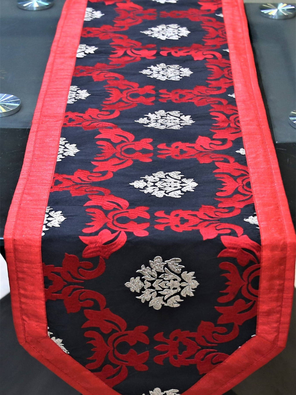 Black Embroidered Dupion Silk Table Runner 13 X 72 inch front view