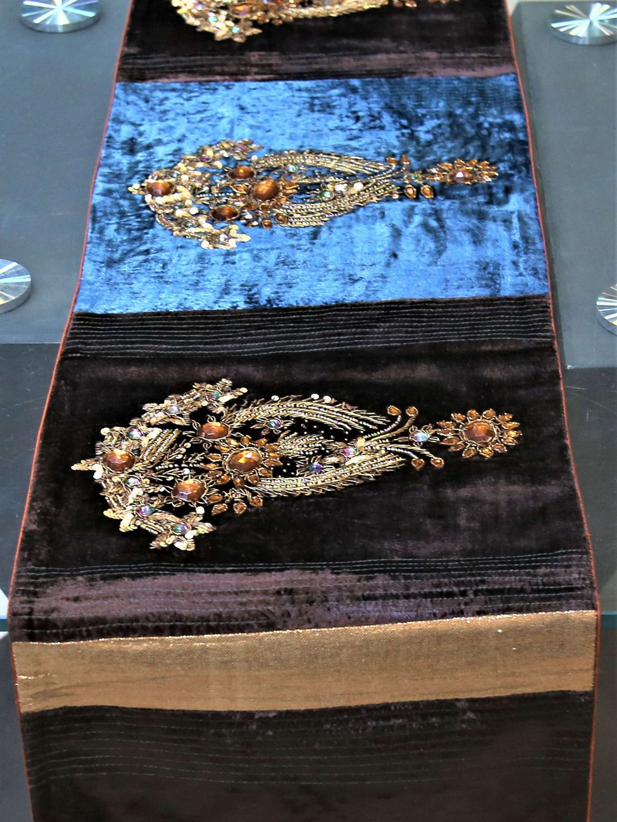 Brown Sequin Work Chenille Table Runner 13 X 60 inch front view