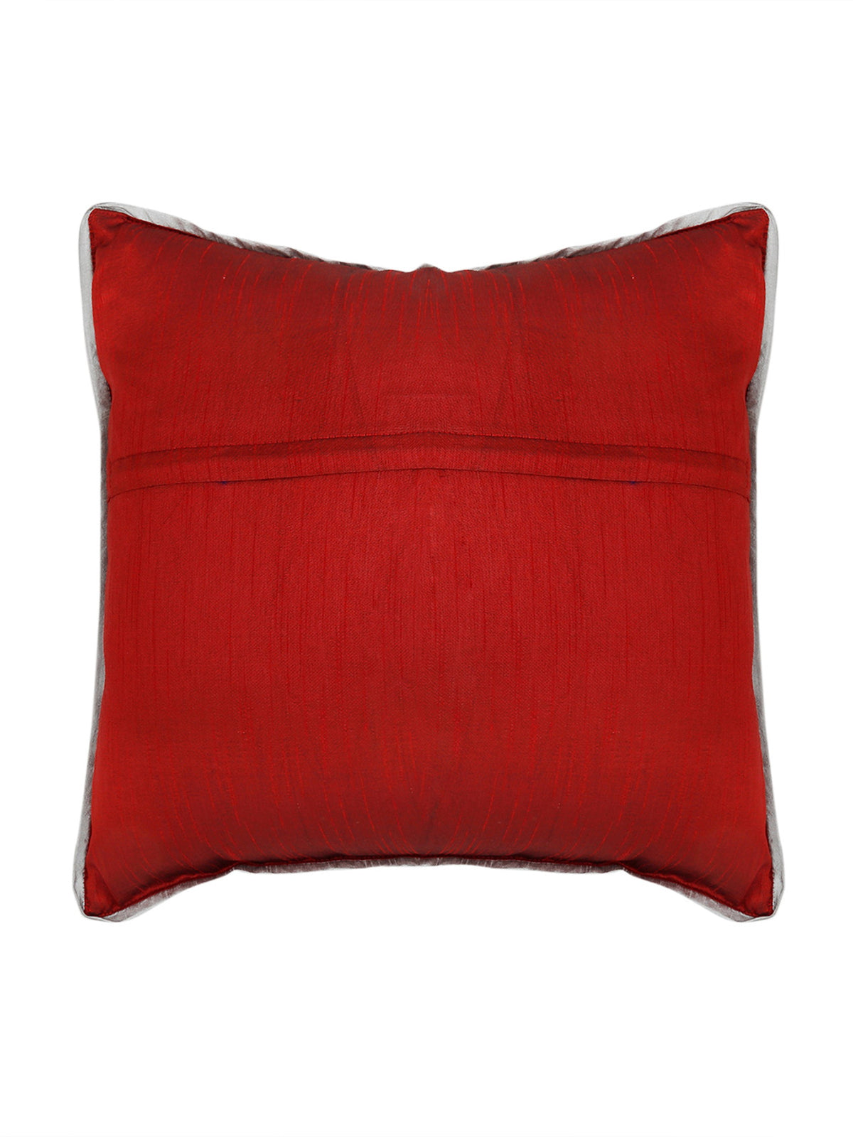 Plain red silk reverse with white piping on the embroidered damask cushion cover