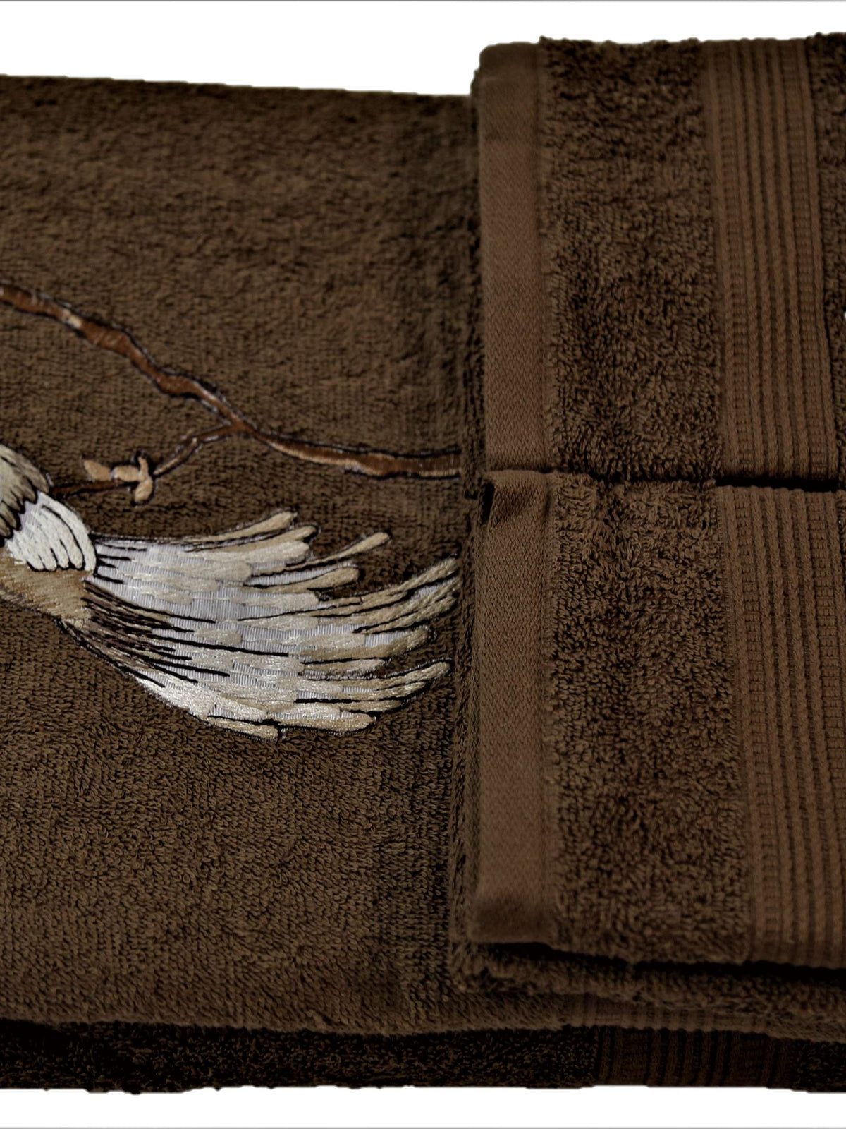 Brown cotton towel set with a bird-in-flight embroidery motif