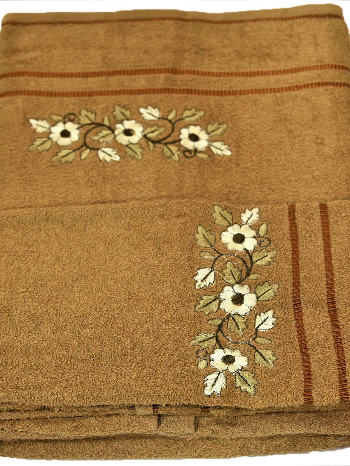 Camel cotton towel set with a white floral vine embroidery border