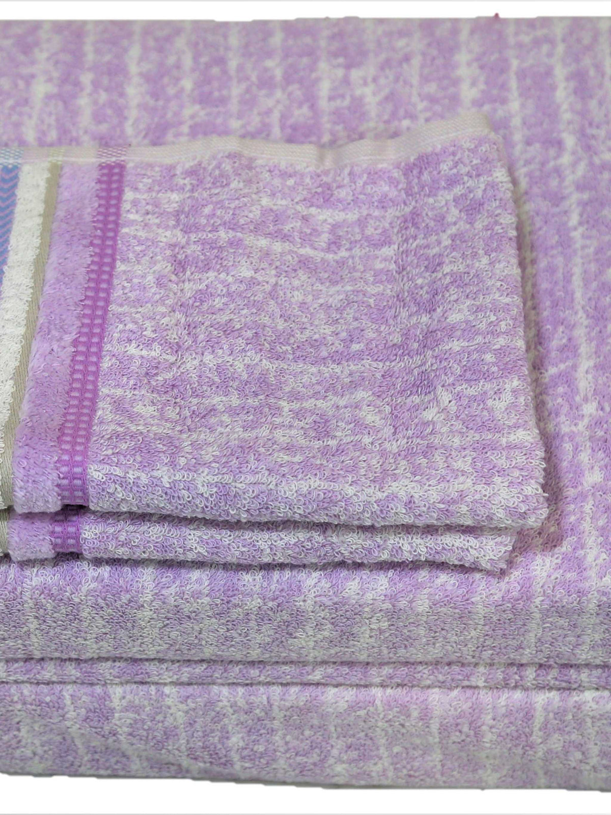 Lavender cotton towel set with a multicolour striped border
