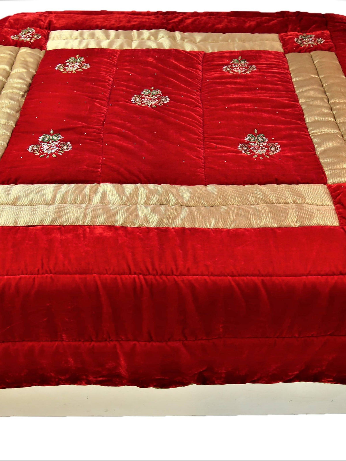 Deep red velvet double bed quilt with floral bead embroidery and gold border