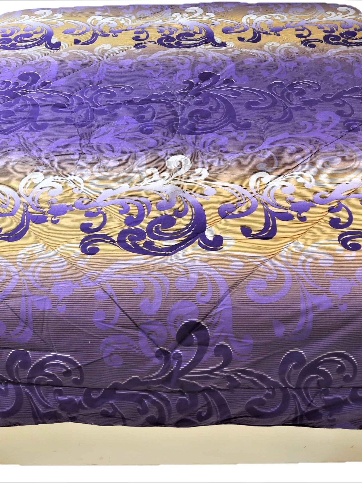 Purple cotton double bed quilt with gold and white scroll damask print