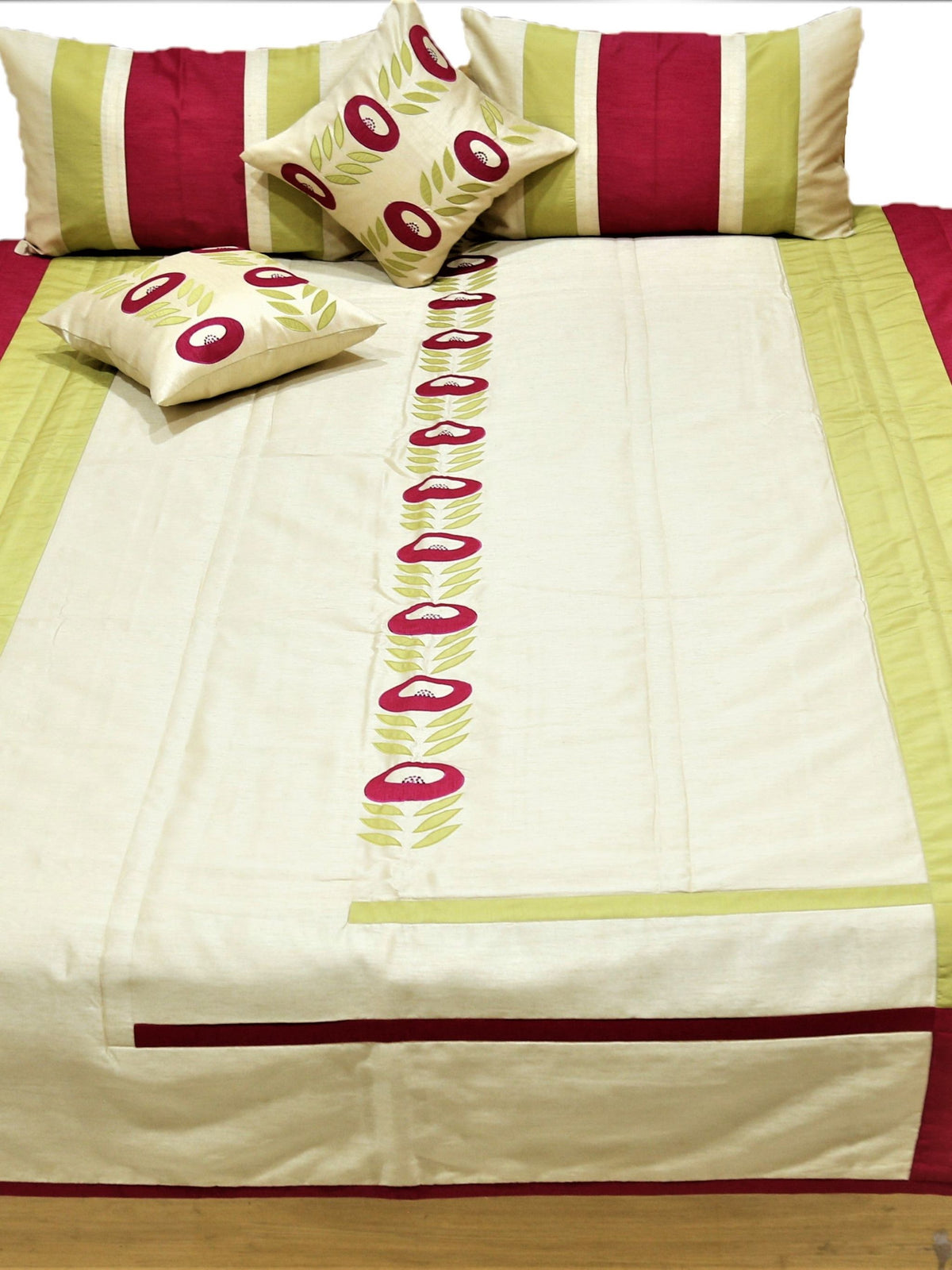 Cream and crimson quilted bedcover set with the centre panel and embroidered motif shown