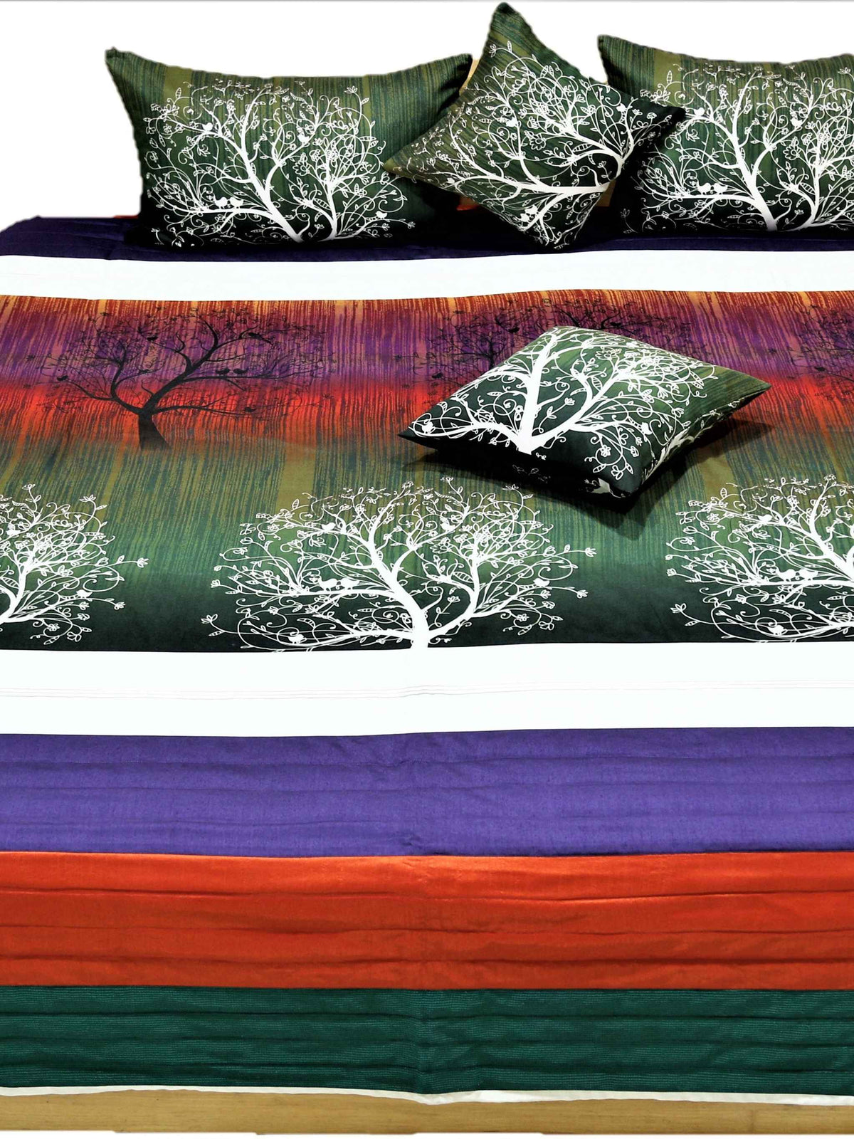 Tree of life printed bedcover flat view with matching pillow and cushion covers