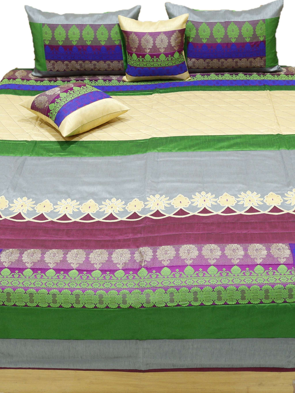 Brocade panel bedcover flat view with grey and green zari pillow and cushion covers