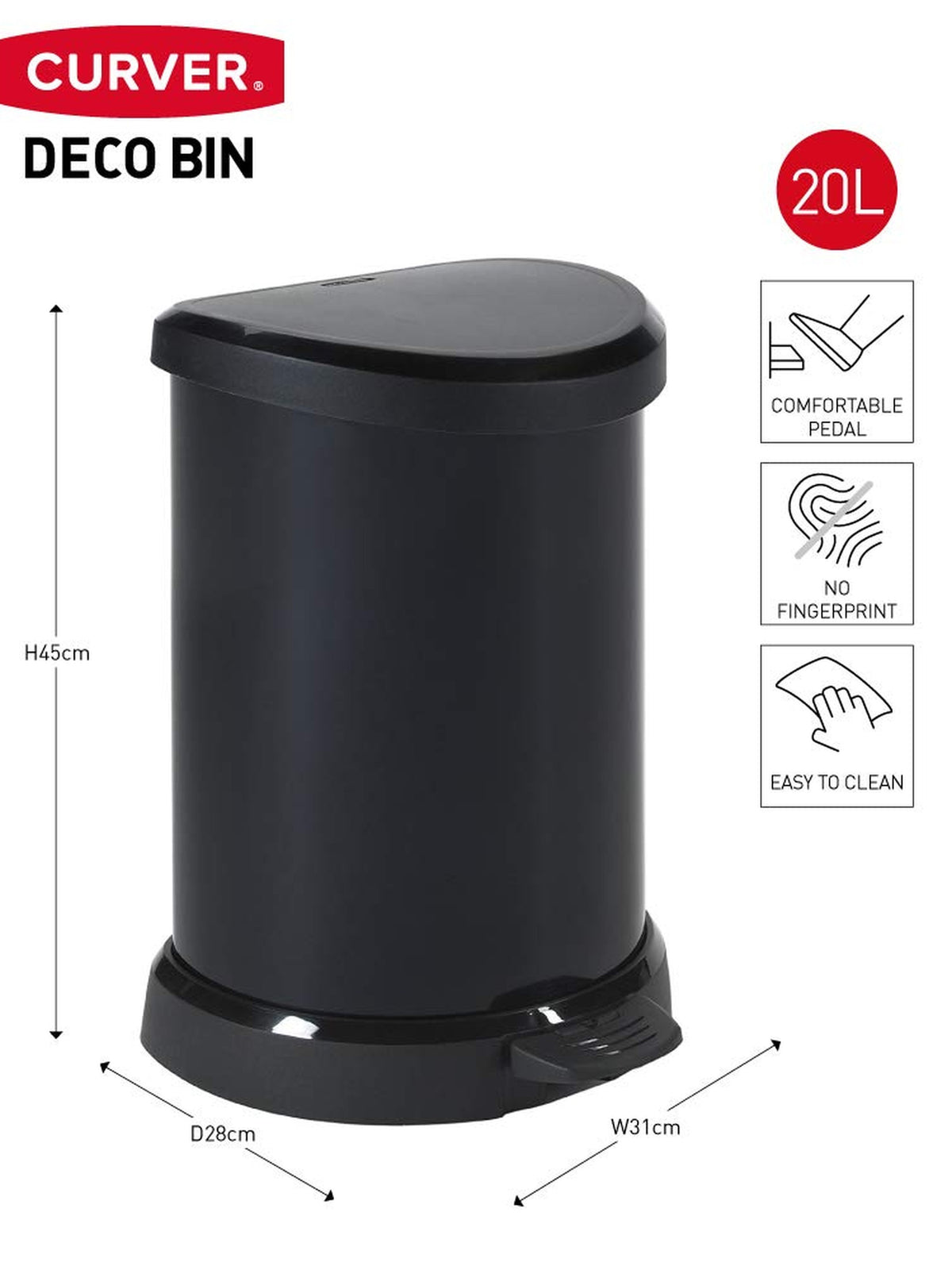 Curver Metal Effect Plastic Pedal Touch Deco Bin, Black, 20 Litre - Jagdish Store Online Since 1965
