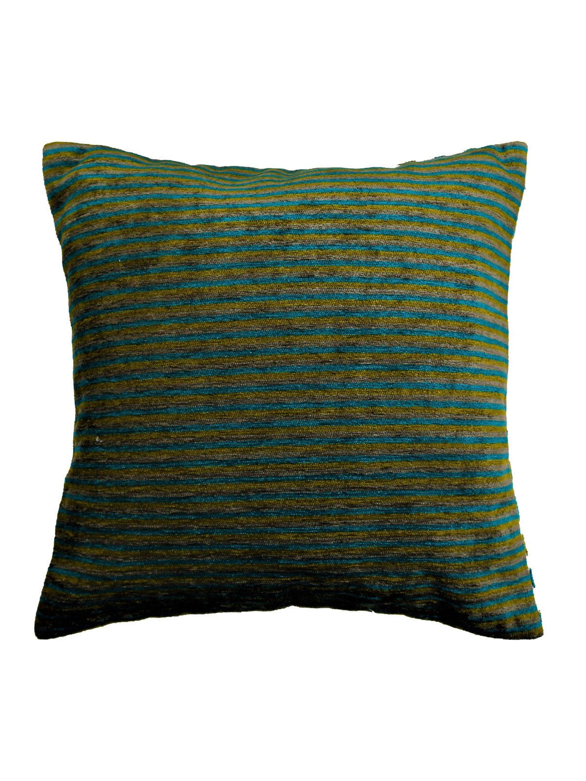 Reverse side in a teal and olive striped chenille weave
