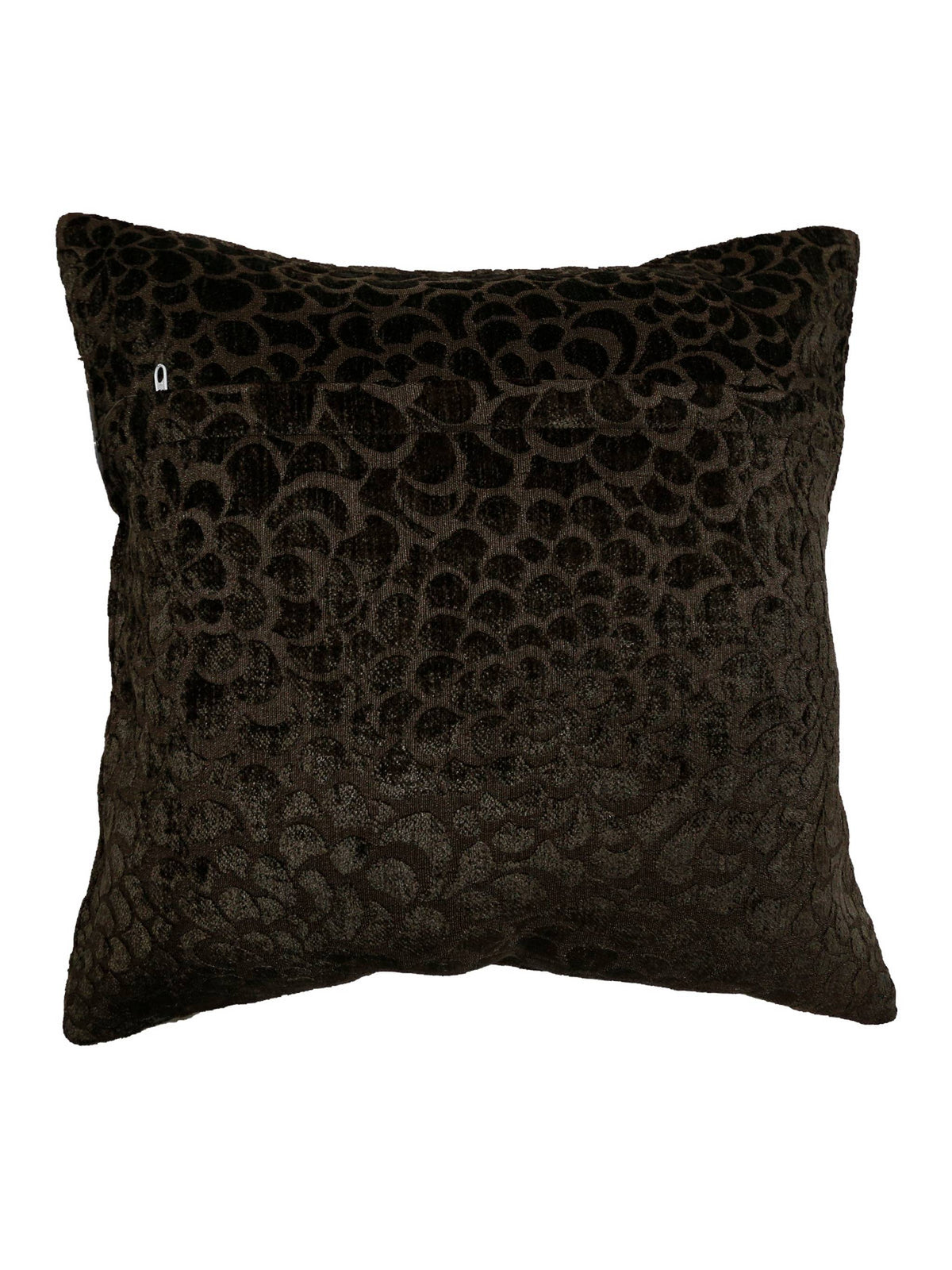 Same espresso-brown floral burnout velvet on the reverse, concealed zip