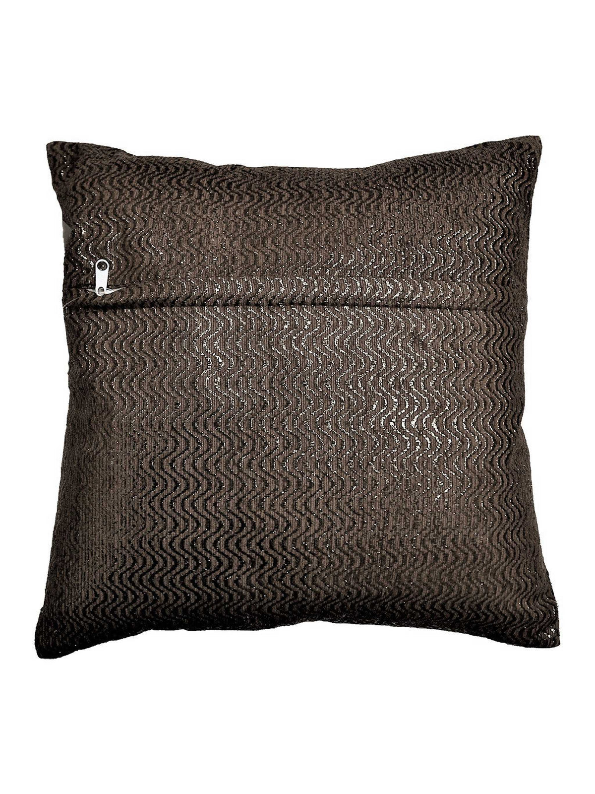 Same taupe-grey metallic wavy weave on the reverse, concealed zip