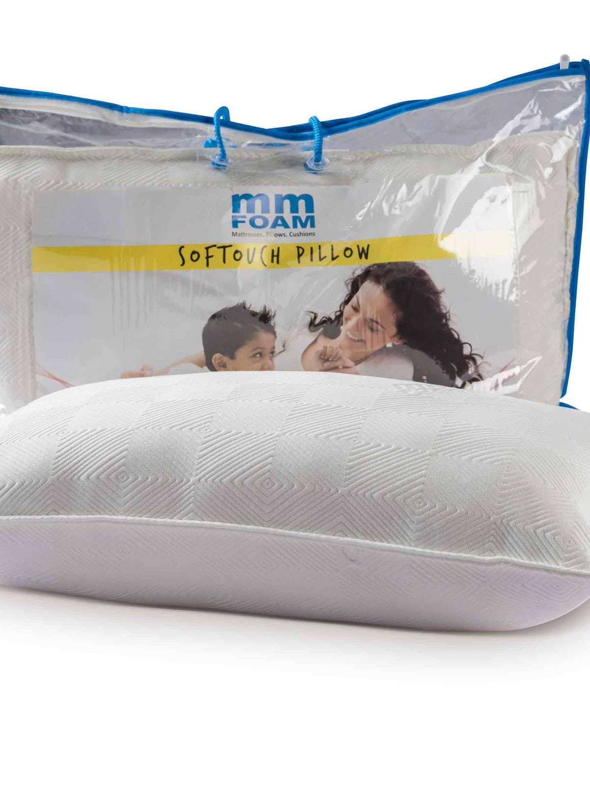 mm Foam Softouch pillow in front of its printed zip carry bag