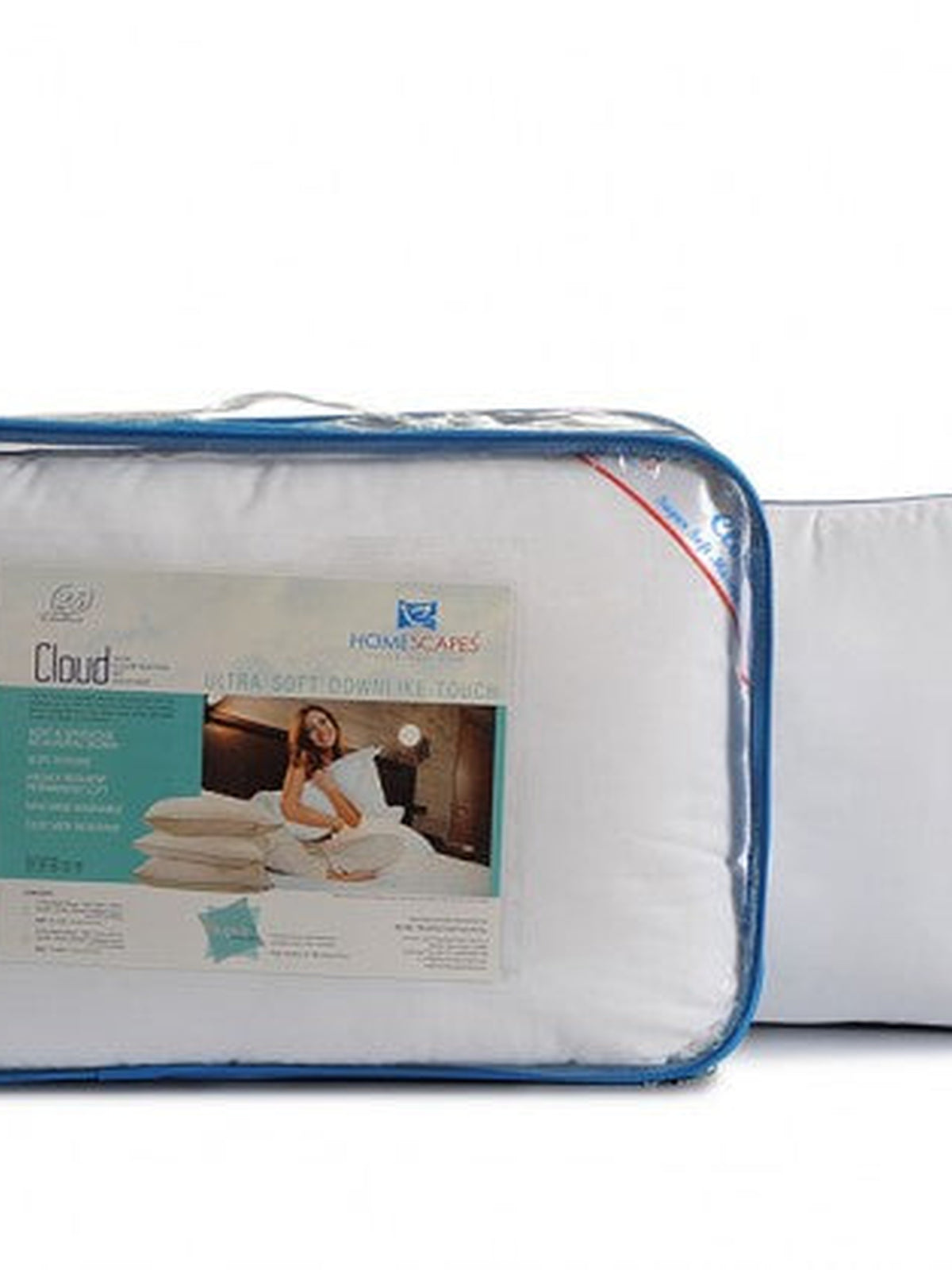 Homescapes Cloud microfibre pillow beside its blue zipped carry bag