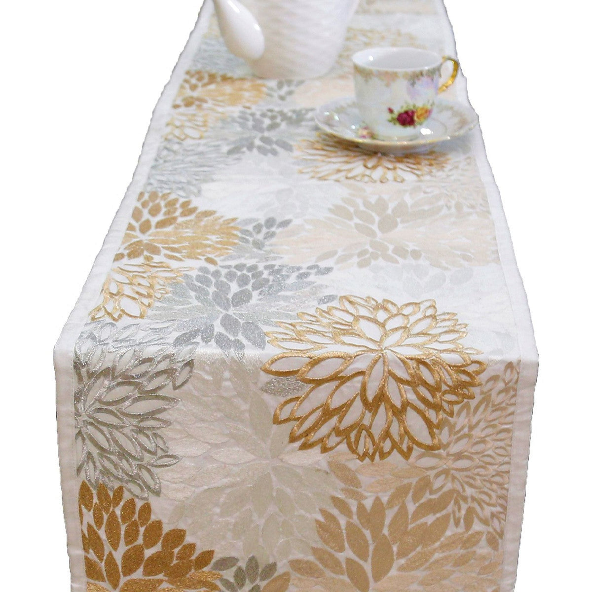 Beige Embroidered Dupion Silk Table Runner 12 X 90 inch front view