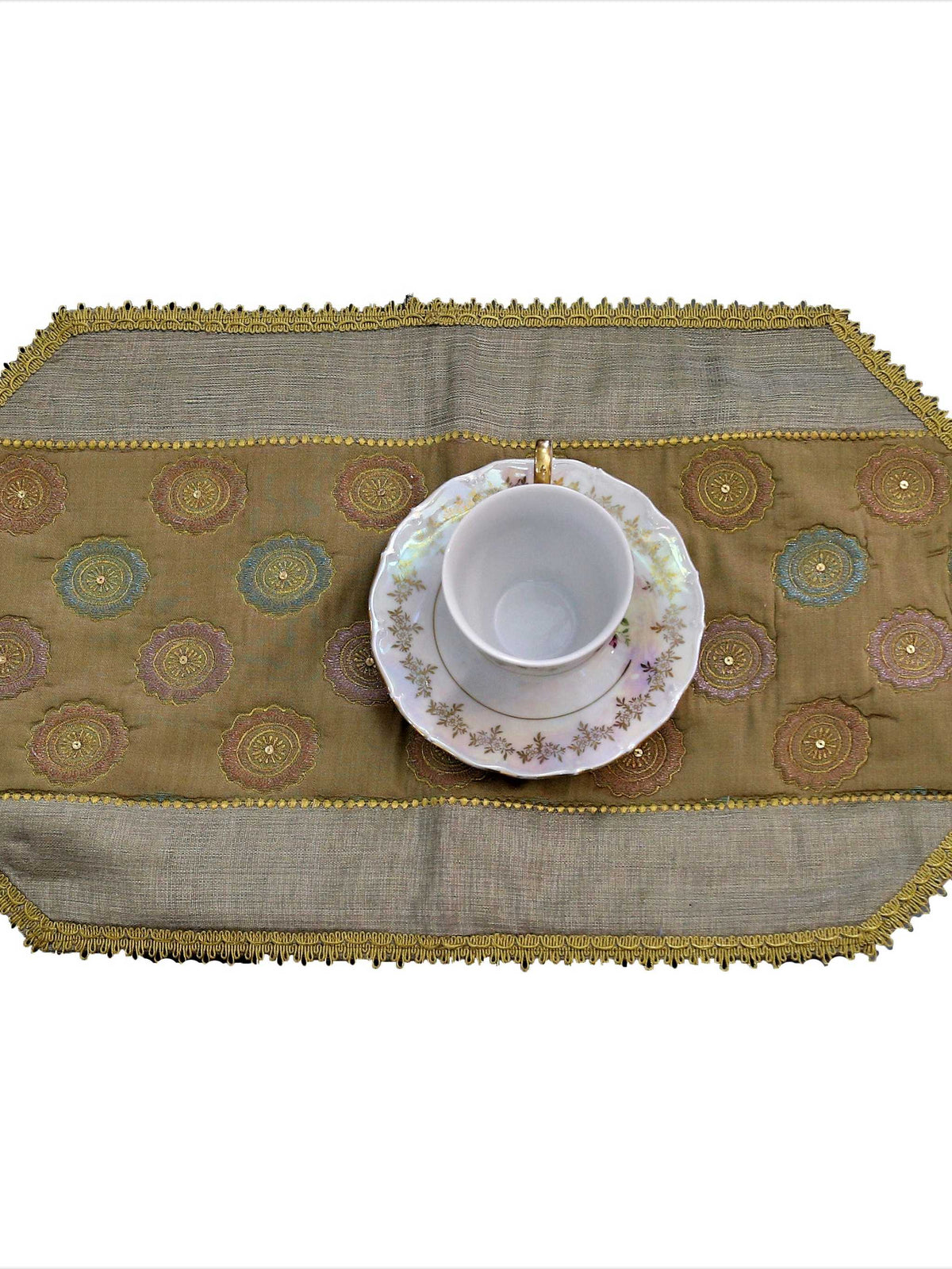 Green Embroidered Poly Silk Table Runner 13 X 26 inch front view