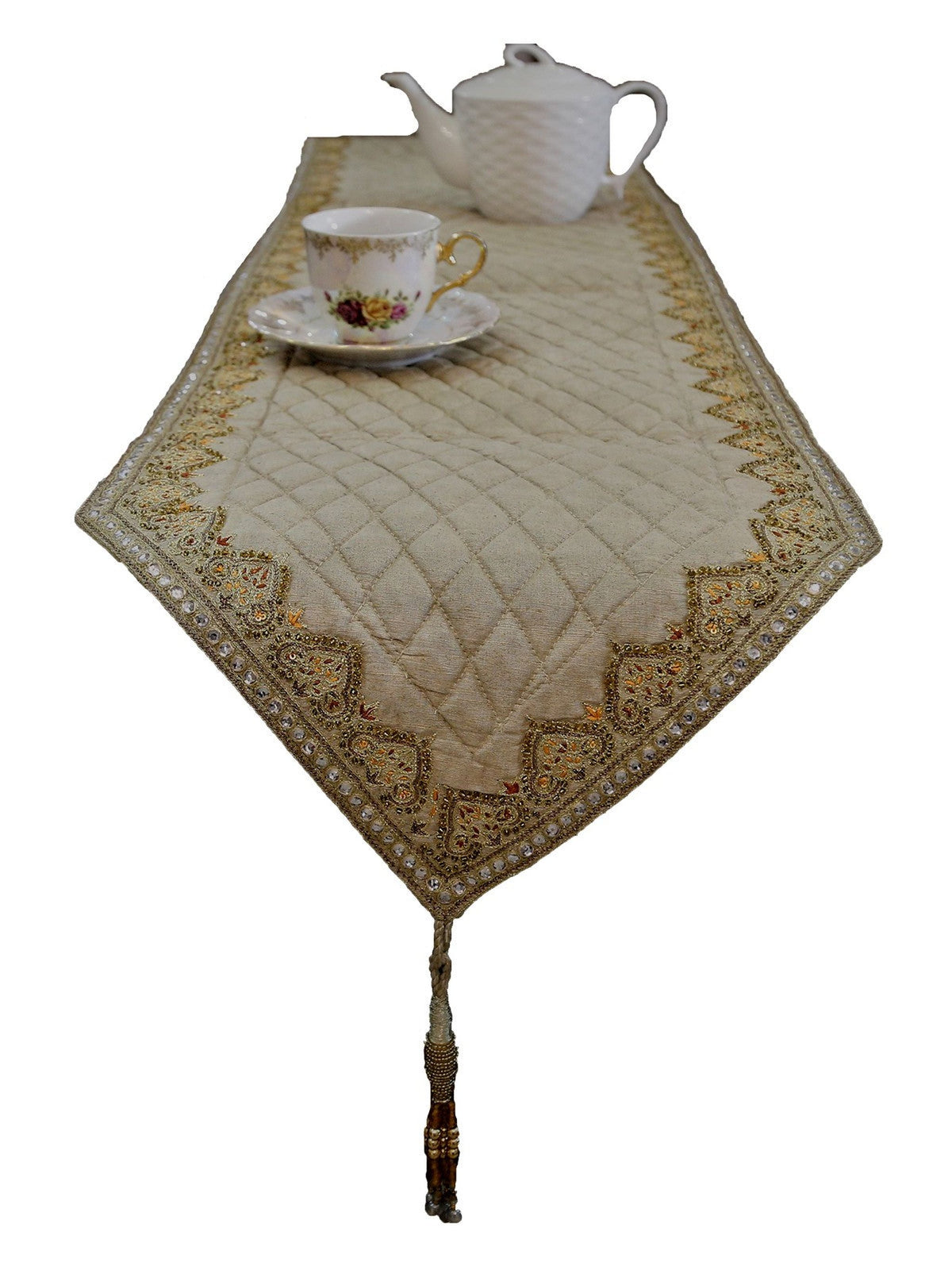 Beige Sequin Work Polysilk Table Runner 13 X 72 inch front view
