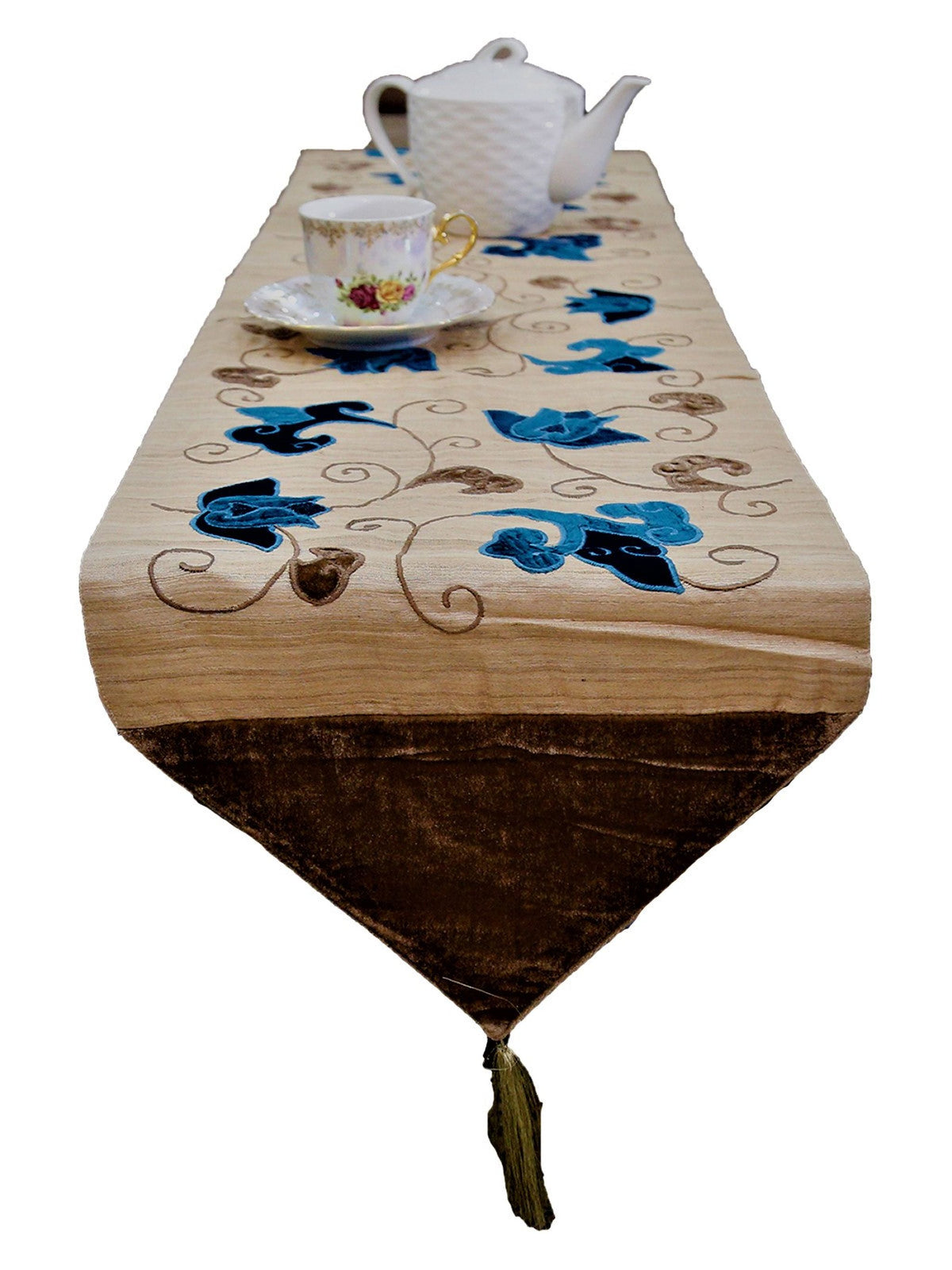 Beige Patchwork Velvet Table Runner 13 X 108 inch front view
