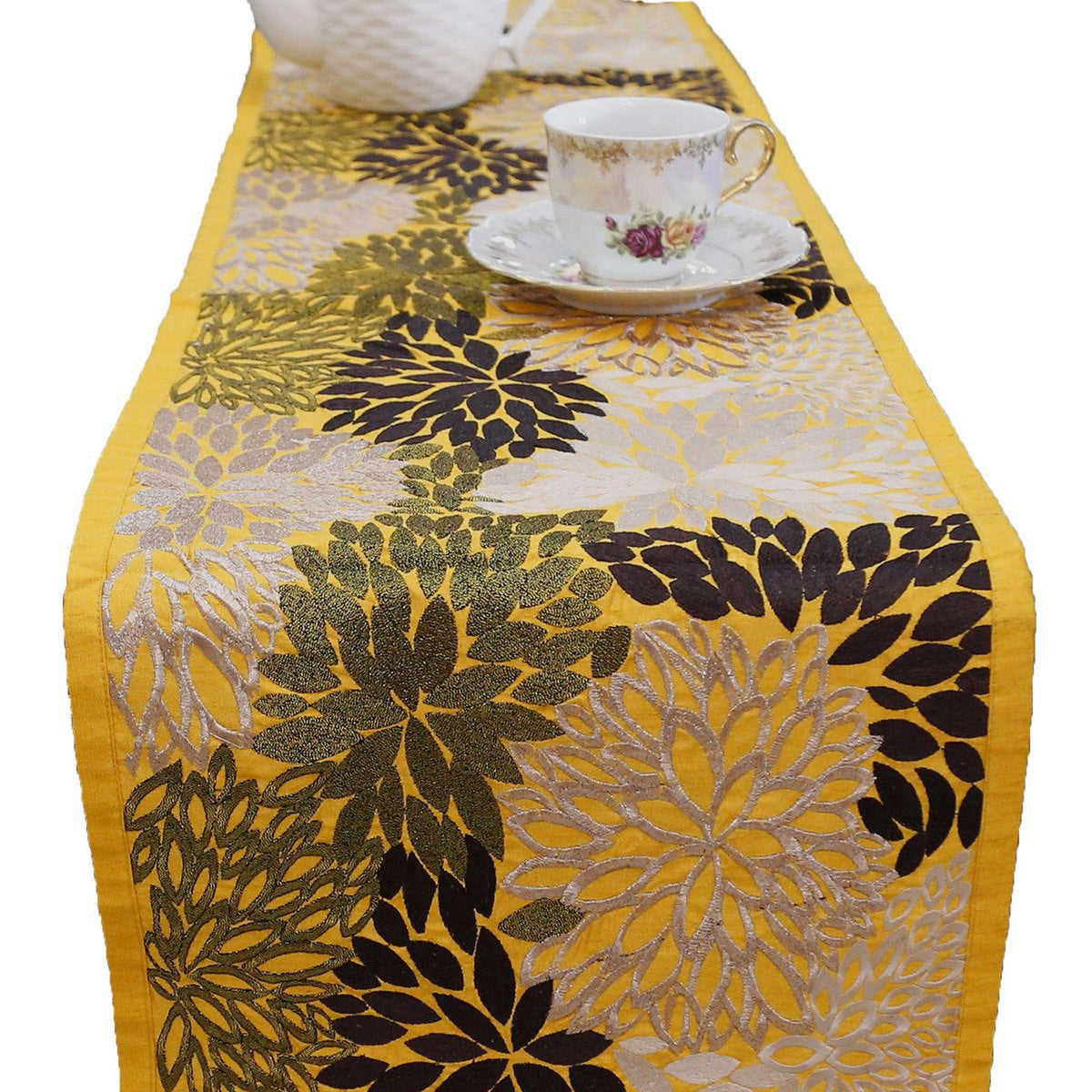 Yellow Embroidered Dupion Silk Table Runner 13 X 90 inch front view